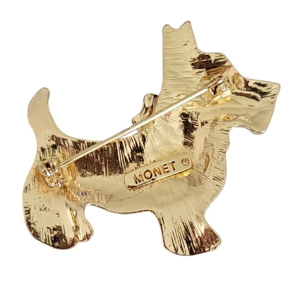 Monet Gold Tone Rhinestone Schnauzer Scottie Dog Brooch Pin, Signed K02 - Picture 4 of 8